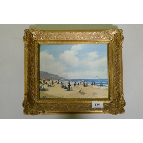 852 - C19th beach scene in the style of Boudin, monogram RD, Roland Doemest ?, oil on canvas board, 24 x 1... 