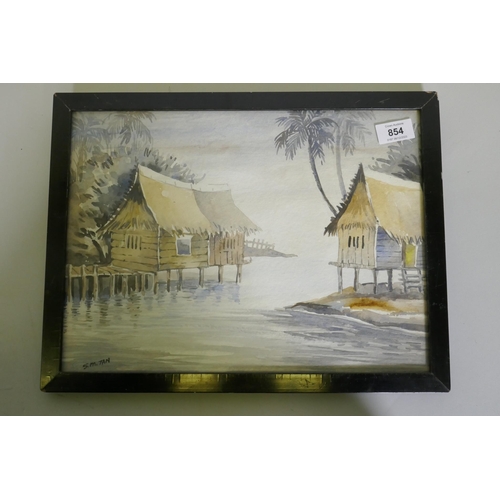 854 - S.M. Tan, oriental scene with village huts on stilts, signed, watercolour, mid C20th, 36 x 27cm