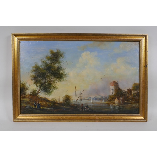 857 - Landscape with figures by the water, a Dutch oil on panel, monogrammed, 44 x 27cm