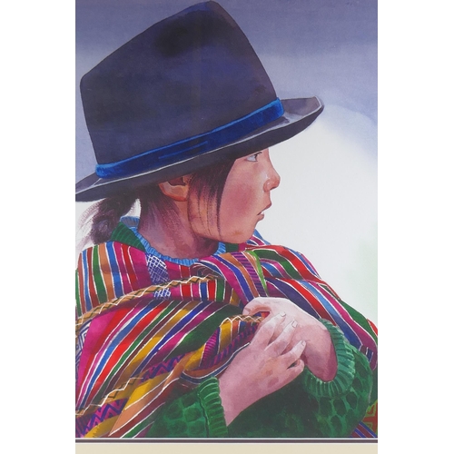 862 - Portrait of a South American child from Acquiries Otavalo, Ecuador, indistinctly signed, 2003, water... 