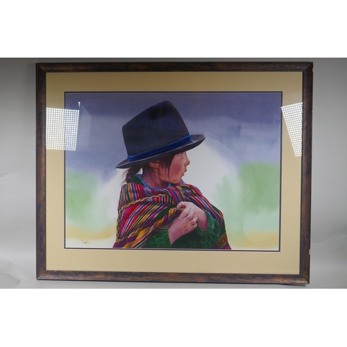 862 - Portrait of a South American child from Acquiries Otavalo, Ecuador, indistinctly signed, 2003, water... 