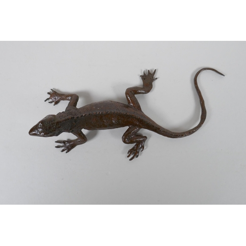 87 - A Japanese style bronze okimono lizard, 15cm long, impress mark to belly