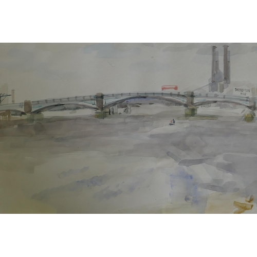 876 - Battersea Bridge and Chelsea Flour Mills from the River, watercolour, inscribed indistinctly, mid C2... 