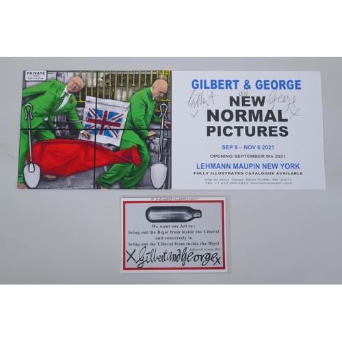 879 - Gilbert & George, a signed postcard/flyer for the 2019 Harrow School exhibition, and a larger si... 