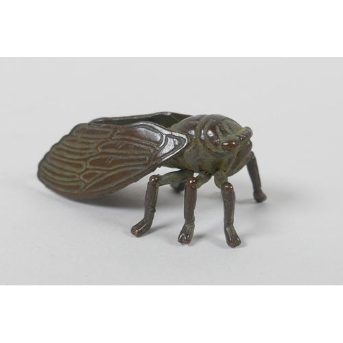 88 - A Japanese style bronze okimono cicada, 5cm long