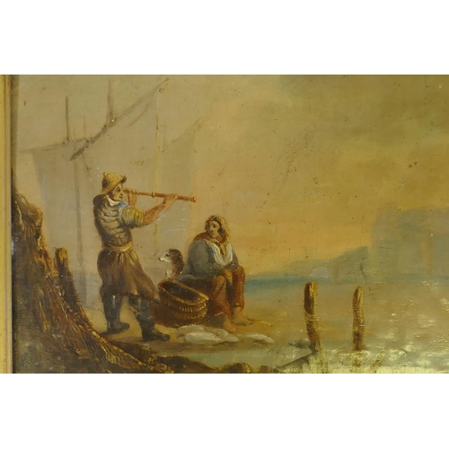 884 - Fisherman with telescope looking out to sea, oil on canvas laid on panel, unsigned, C19th, 27 x 20cm