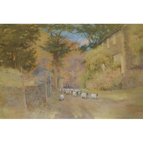 888 - Shepherd driving his flock through a village, watercolour, unsigned, framer's label verso, R. Jackso... 