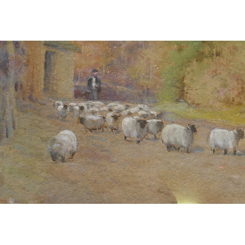 888 - Shepherd driving his flock through a village, watercolour, unsigned, framer's label verso, R. Jackso... 