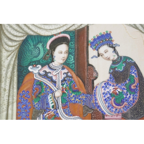 889 - A C19th Chinese watercolour on rice paper, noblewoman with attendant, 11 x 18cm