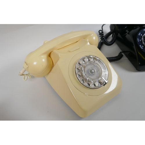 89 - Two vintage rotary dial telephones in red and cream, and a  push button telephone