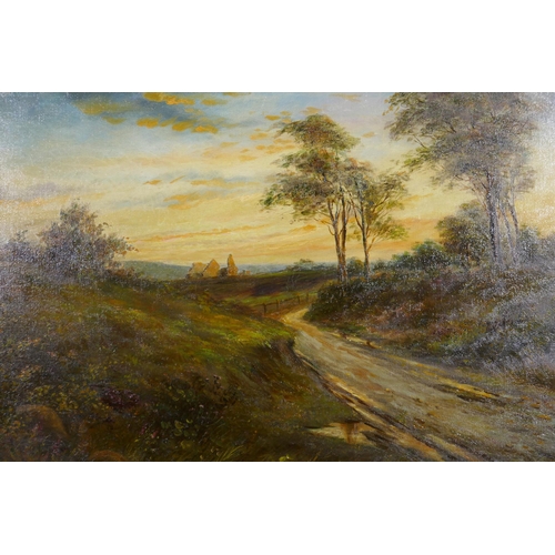 890 - D. Sherrin, landscape with track and ruined building, signed, oil on canvas, re-lined, 77 x 51cm