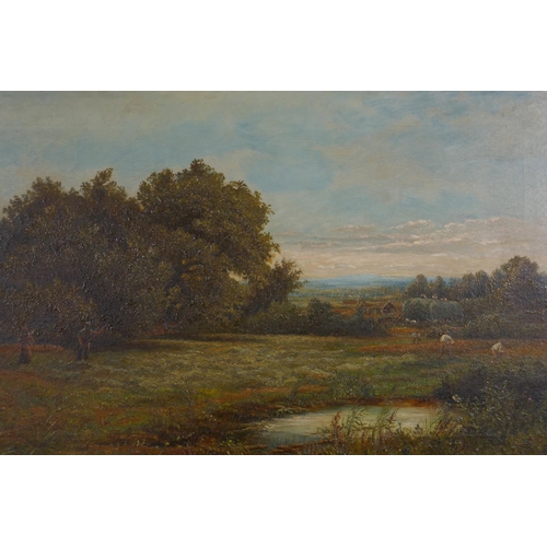 891 - Landscape with haymakers, unsigned, C19th, oil on canvas in a good gilt frame, 81 x 51cm