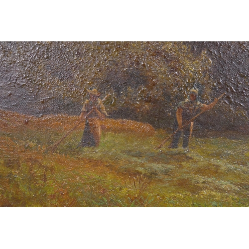 891 - Landscape with haymakers, unsigned, C19th, oil on canvas in a good gilt frame, 81 x 51cm