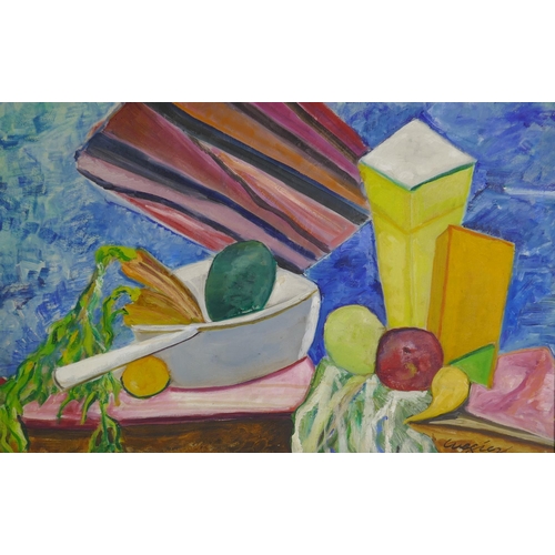 894 - Still life abstract, signed indistinctly Wegier?, mid C20th, possibly American, stretcher stamped An... 