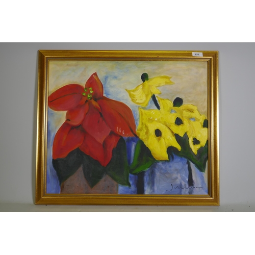 896 - Still life, flowers, signed Julianna, oil on canvas, 51 x 51cm