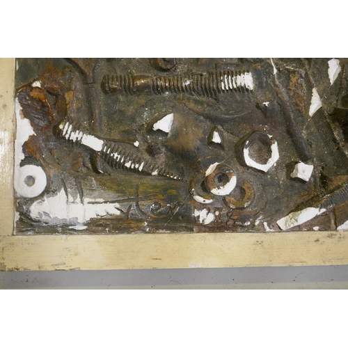 897 - An abstract plaster relief plaque using found items, signed Hayter 1969, possibly Stanley William Ha... 