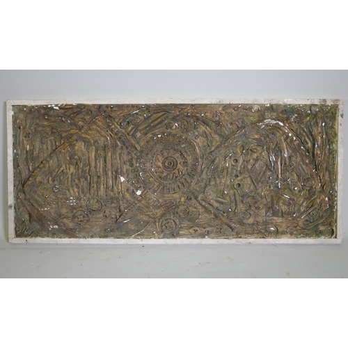 898 - An abstract plaster relief plaque of a winged creature using found items, signed Hayter 72, possibly... 