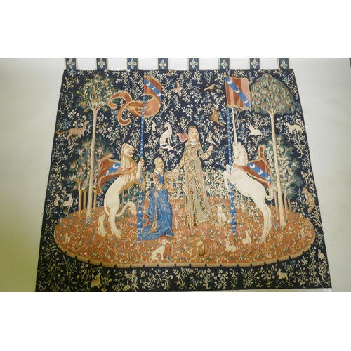 9 - A hand woven pure wool Aubusson style tapestry with lion and unicorn design, 180 x 168cm