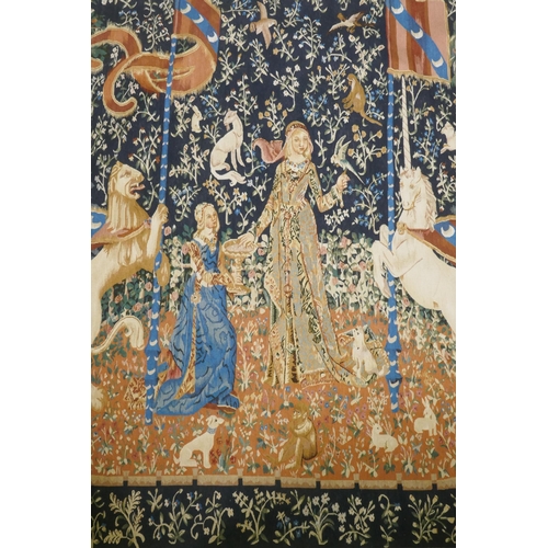 9 - A hand woven pure wool Aubusson style tapestry with lion and unicorn design, 180 x 168cm