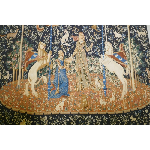 9 - A hand woven pure wool Aubusson style tapestry with lion and unicorn design, 180 x 168cm