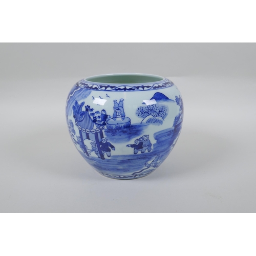 90 - A Chinese blue and white porcelain vase decorat3ed with boys playing in a landscape, Qianlong seal m... 