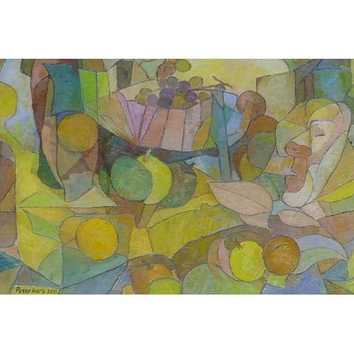 901 - Peter Hart, abstract with fruit, signed and dated 2001, oil on canvas, 50 x 36cm