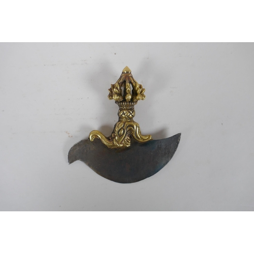 91 - A Tibetan bronze kartika with vajra shaped handle, 12 x 12cm