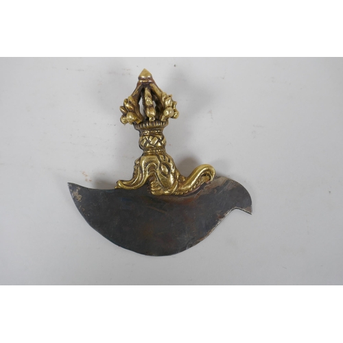 91 - A Tibetan bronze kartika with vajra shaped handle, 12 x 12cm