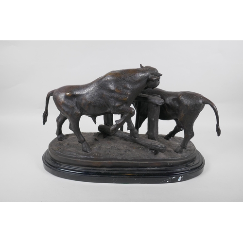 95 - After Pierre-Jules Mene, (French 1810-1879), bronzed metal figure of a cow and bull, on a marble sta... 