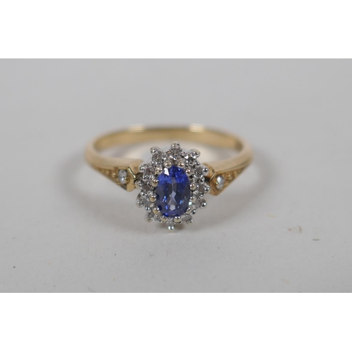 648 - A 9ct gold, sapphire and diamond cluster ring, approx 0.1ct, approx size K