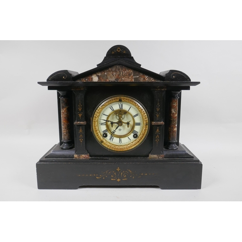 667 - A late C19th American slate architectural mantel clock by Ansonia Clock Co, with an eight day moveme... 