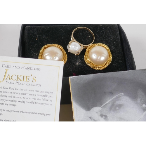 657 - A pair of faux pearl 'Jackie's' (Kennedy) replica earrings, and a 9ct gold ring set with a large pea... 