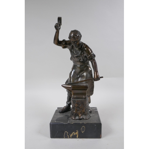 298 - After Adrien Etienne Gaudez, bronze figure of a blacksmith, on a marble base, 32cm high