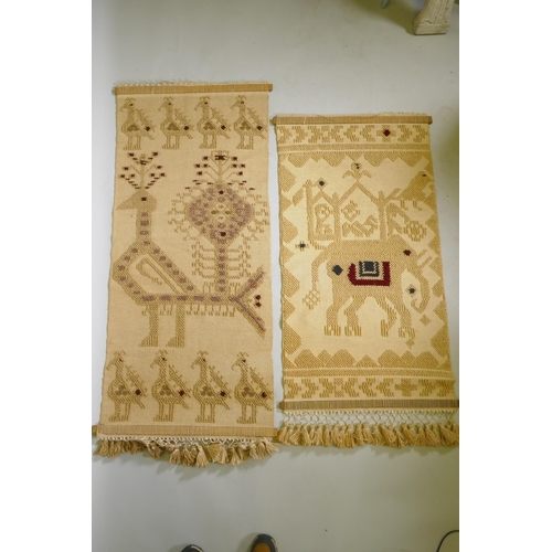 300 - Two Indian embroidered jute wall hangings with a peacock and elephant design, 160 x 74cm