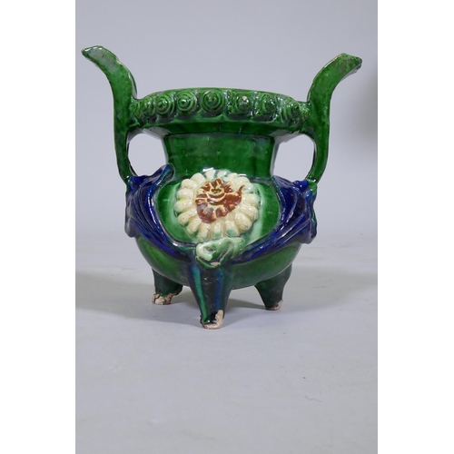 10 - A Chinese Sancai glazed terracotta ding censer, with moulded decoration, on tripod supports, 17cm hi... 