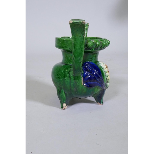 10 - A Chinese Sancai glazed terracotta ding censer, with moulded decoration, on tripod supports, 17cm hi... 