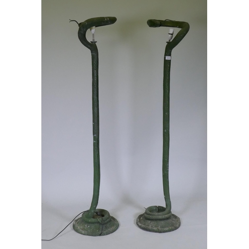 1028 - A pair of patinated bronze floor lamps in the form of serpents, 143cm high