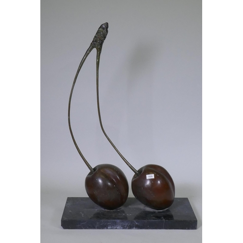 1029 - A bronze sculpture of cherries, mounted on a marble base, bronze marked G. de Roux, E.A. 1/IV, Cire ... 