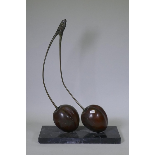 1029 - A bronze sculpture of cherries, mounted on a marble base, bronze marked G. de Roux, E.A. 1/IV, Cire ... 