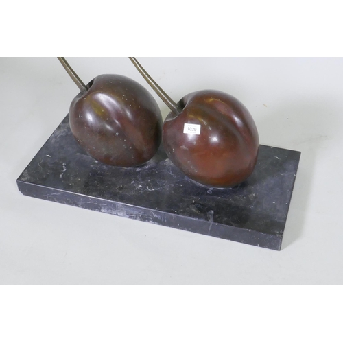 1029 - A bronze sculpture of cherries, mounted on a marble base, bronze marked G. de Roux, E.A. 1/IV, Cire ... 