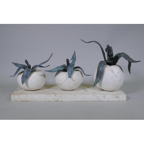 1030 - A marble sculpture of three tomatoes with bronze mounts, on a marble base, 84 x 33cm, 36cm high