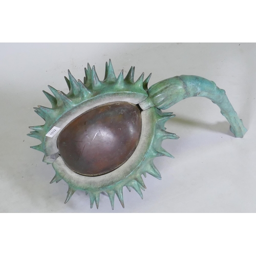 1032 - In the manner of Mark Hall, a patinated bronze sculpture of a conker, marked WT 1/9, 65cm long, 52cm... 