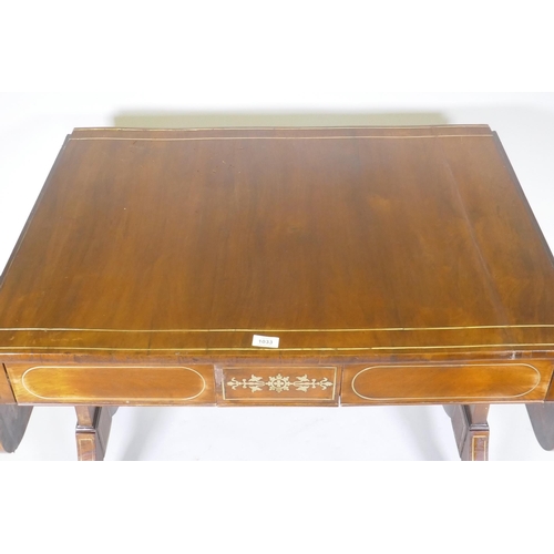 1033 - A C19th brass inlaid rosewood sofa table with two frieze drawers, repairs, 150 x 71cm, 75cm high