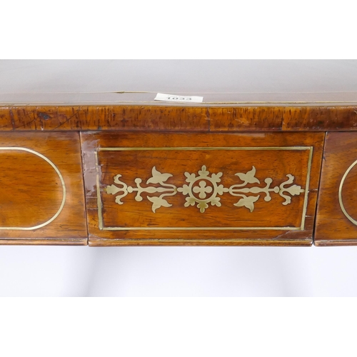 1033 - A C19th brass inlaid rosewood sofa table with two frieze drawers, repairs, 150 x 71cm, 75cm high