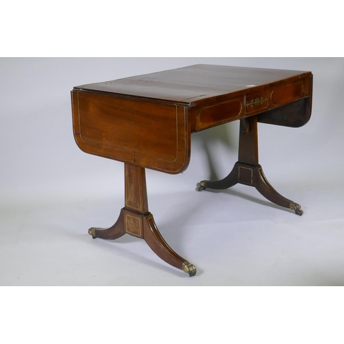 1033 - A C19th brass inlaid rosewood sofa table with two frieze drawers, repairs, 150 x 71cm, 75cm high