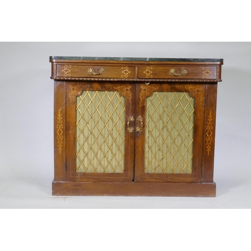 1034 - A Victorian inlaid walnut chiffonier with ver de mer marble top, 104 x 36cm, 86cm high