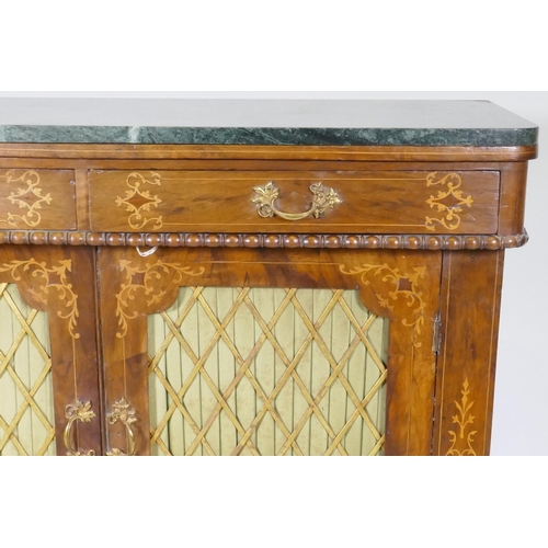 1034 - A Victorian inlaid walnut chiffonier with ver de mer marble top, 104 x 36cm, 86cm high