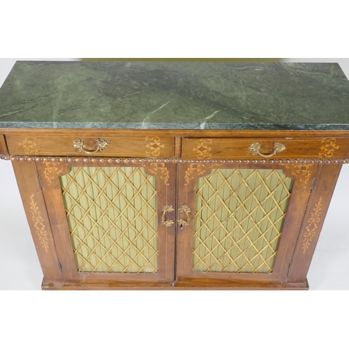 1034 - A Victorian inlaid walnut chiffonier with ver de mer marble top, 104 x 36cm, 86cm high