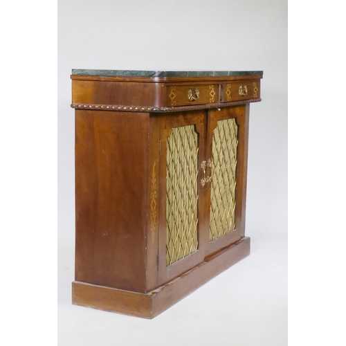 1034 - A Victorian inlaid walnut chiffonier with ver de mer marble top, 104 x 36cm, 86cm high