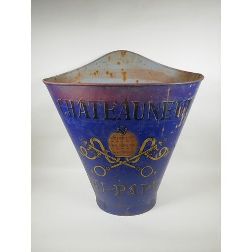 1035 - A French style blue printed metal grape picker's hopper, decorated with a Chateau Neuf du Pape desig... 